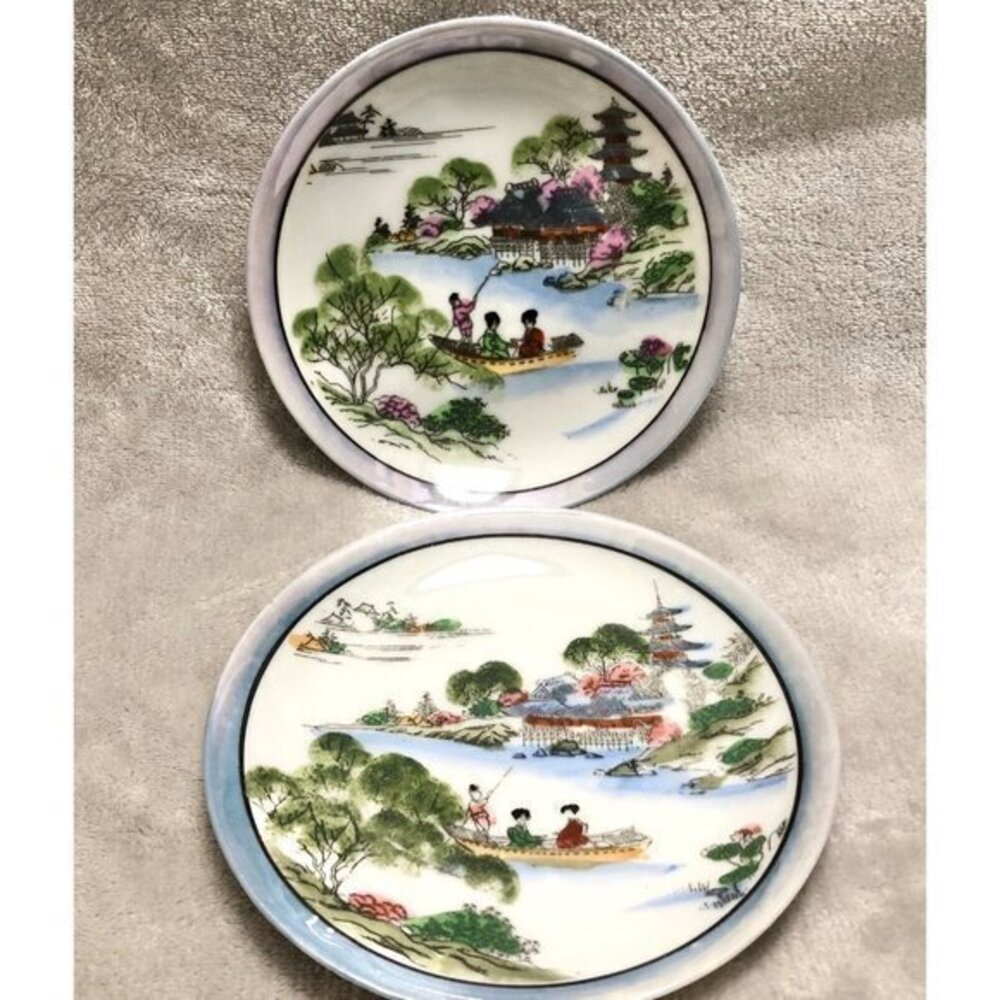 Vintage Lusterware Plates River Gondola Scene Japan